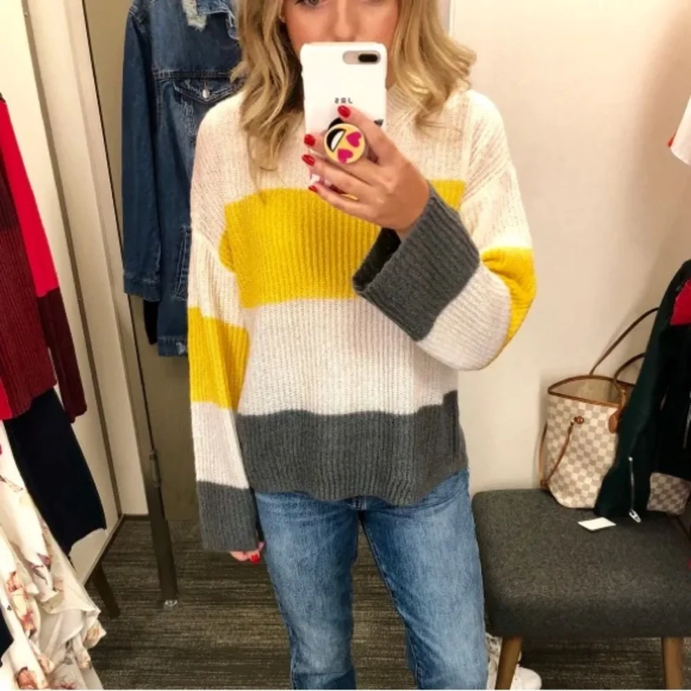 BP yellow grey broad striped slouchy pullover sweater - Picture 3 of 10